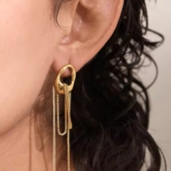 Geometric Tassel Chain Drop Earrings – 3" Long, Women's Earring, Gold Jewelry - Picture 3 of 3